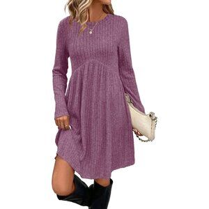 Ofeefan Women Purple Crew Neck Long Sleeve Empire Waist Dress with Pockets